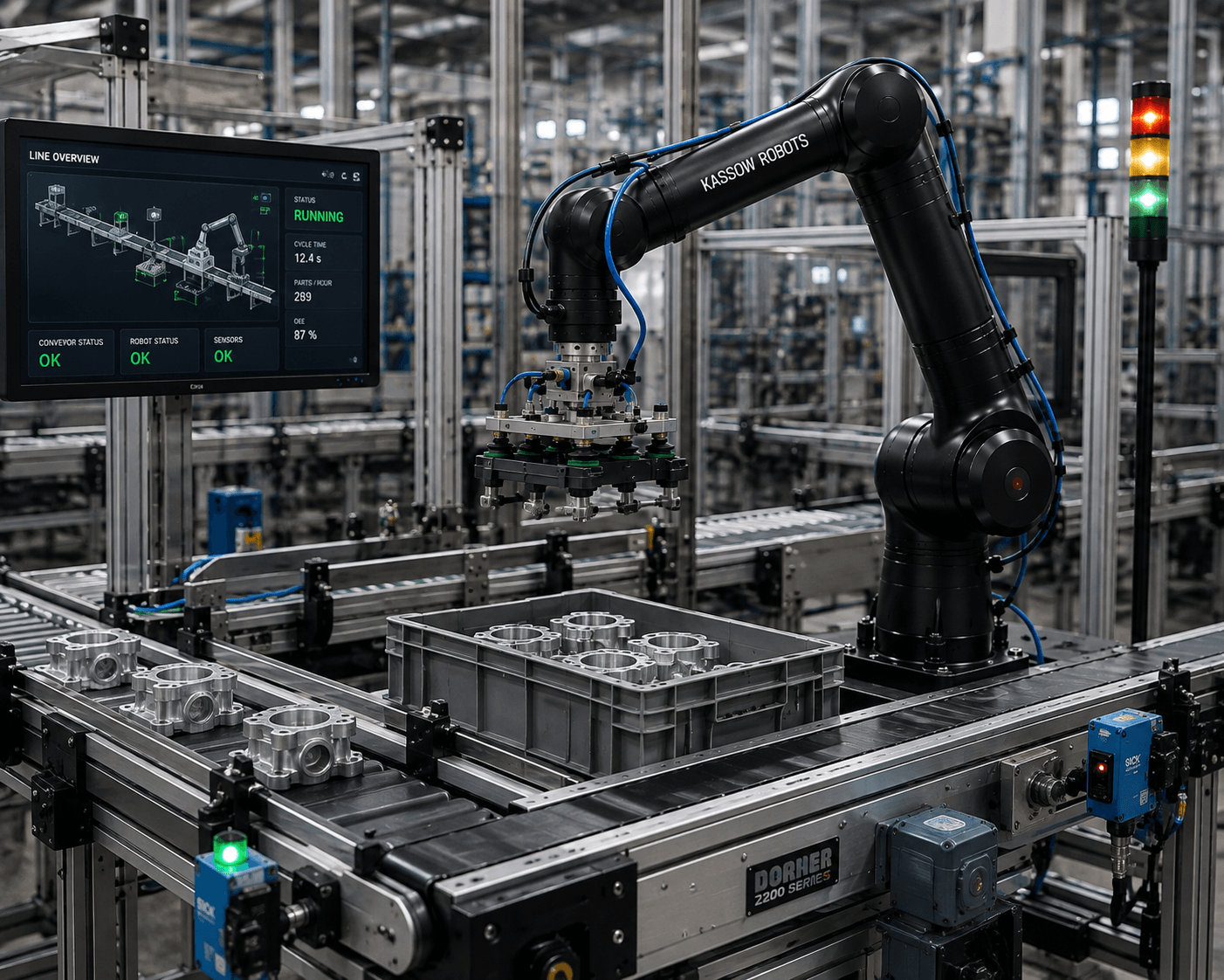 Robot Kassow integrat cu sistem de transport industrial